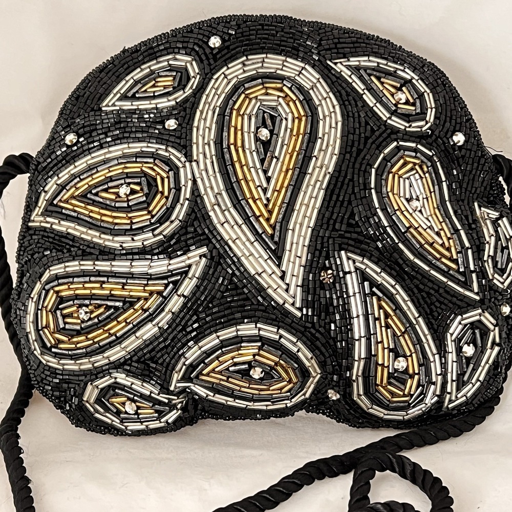 Vintage Beaded Evening Clutch Purse Black‎ Gold Silver Glass Bead Handbag Small